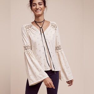 Anthropologie Eri + Ali cream wide sleeve cotton blouse.